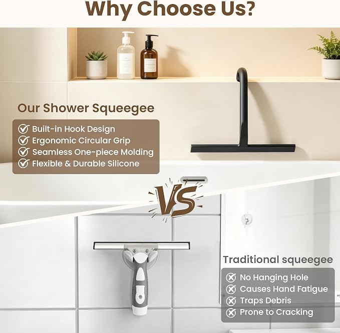 Shower Squeegee for Glass Doors - 10 Inch Bathroom Squeegee with Ergonomic Round Grip, Built-in Hook, Streak-Free No-Squeak Silicone Blade for Shower Glass, Tile Walls, Mirrors & Windows, Black