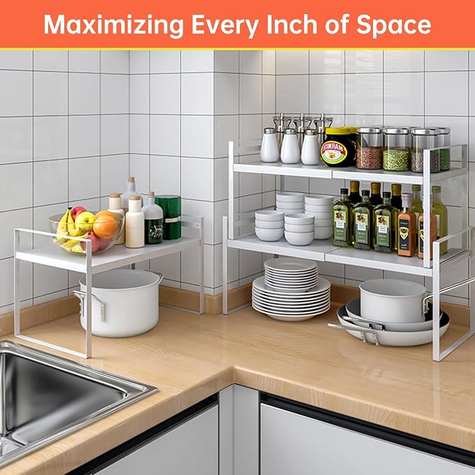 Expandable Cabinet Shelf Organizer for Kitchen 11", White (2 Pack) | Expandable 14-25" Metal Countertop Organizer for Kitchen, , Fits Pantry, Over Sink, Spices, Microwave & Dishes