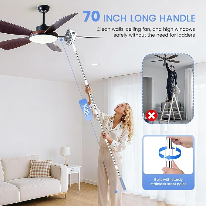 Ceiling Fan Cleaner Duster with 80'' Extendable Long Handle Pole - Microfiber Chenille Pads for Blades, Baseboards, Walls, Floors, Blinds & Cobwebs - Reusable & Washable