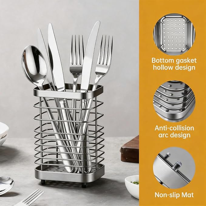 Stainless Steel Utensil Holder & Drying Rack for Kitchen Sink, Wall Mountable and Tabletop Cutlery Drainer Caddy for Spoons, Forks, Chopsticks (silver)