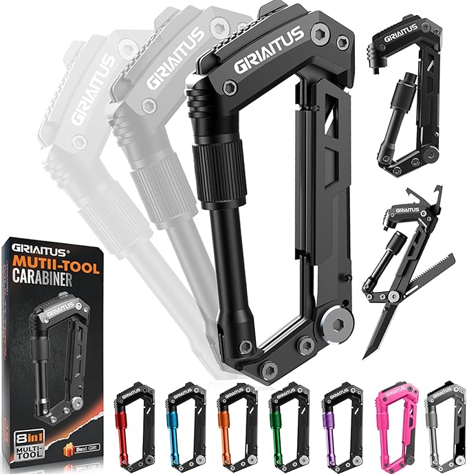 Carabiner Multitool 8-in-1 EDC Carabiners Pocket Knife for Camping, Black | Gifts for Men, Folding Serrated Knife, Bottle Opener, Rope Cutter, Screwdriver, Ruler, Survival Gear for Hiking Packs Carry