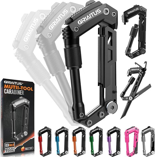 Carabiner Multitool 8-in-1 EDC Carabiners Pocket Knife for Camping, Black | Gifts for Men, Folding Serrated Knife, Bottle Opener, Rope Cutter, Screwdriver, Ruler, Survival Gear for Hiking Packs Carry