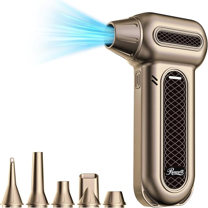 Rosewill Electric Air Duster - 130,000 RPM Super Power Cordless w/Turbo Mode, 4-Gear Adjustable Mini Blower with Fast Charging, Inflation and Suction for Computer, Keyboard, Pet, House, Outdoor & Car