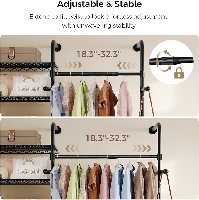 Closet Organizers and Storage, 3-Row Heavy Duty Garment Rack Clothes Rack for Hanging Clothes, Wall Mounted Closet System with 4 Telescopic Rods, 4 Hooks, 6 Shelves for Wardrobe, Bedroom, Small Space