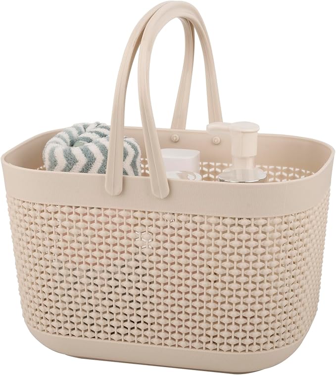 Plastic Protable Shower Caddy Basket, Storage Organizer with Handle, Beige | Bottom Drain Holes, Keep Dry, Sturdy and Durable, Easy to Carry for Bathroom, Kitchen, Dorm Room, RV, College