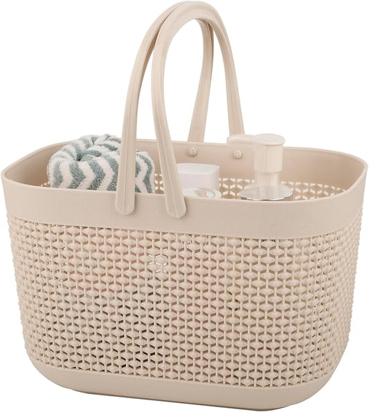 Plastic Protable Shower Caddy Basket, Storage Organizer with Handle, Beige | Bottom Drain Holes, Keep Dry, Sturdy and Durable, Easy to Carry for Bathroom, Kitchen, Dorm Room, RV, College