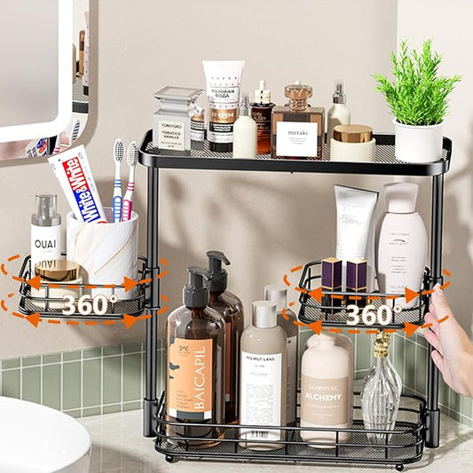 VITVITI 3 Tier Bathroom Organizer Countertop, Metal Wire Bathroom Counter Vanity Organizer Storage, Mesh Bath Room Sink Kitchen Shelf Rack with 360 Rotating Basket, Black