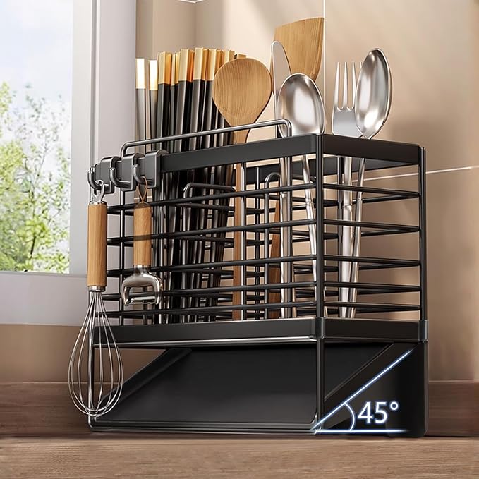 Utensil Holder, Stainless Steel Utensil Drying Rack with Plastic Automatic Drain Tray for Kitchen Counter, Compact Silverware Cutlery Drainer Basket for Spoons, Forks, Knifes, Chopsticks Organizer