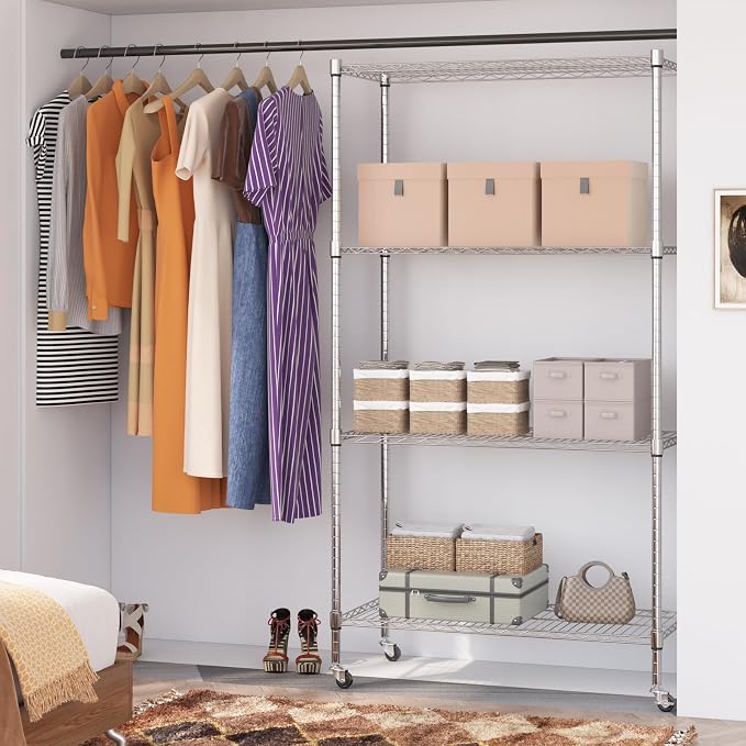 Homdox Heavy Duty 4-Tier Metal Shelving Unit with Adjustable Shelves, Rolling Storage Rack for Kitchen, Garage, Pantry, 36.02"x17.91"x74.41", Silver