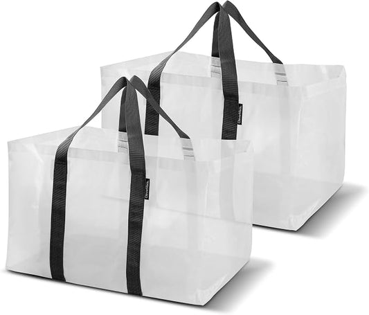 CleverMade XXL Storage Basket Tote, 76L, 2 Pack, Transparent | Open tops speed loading for groceries, laundry, or beach gear. Reinforced handles manage big loads, then bags fold flat.