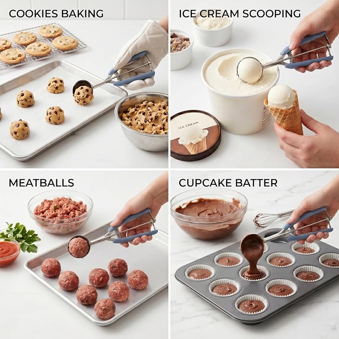 Cookie Scoop, Ice Cream Scoop, 0.8Tbsp/2.5tsp/12.5ml/0.5oz Cookie Scoops for Baking, 18/8 Stainless Steel Cookie Scooper for Baking, Cookie Dough Scoop (Blue Gray)