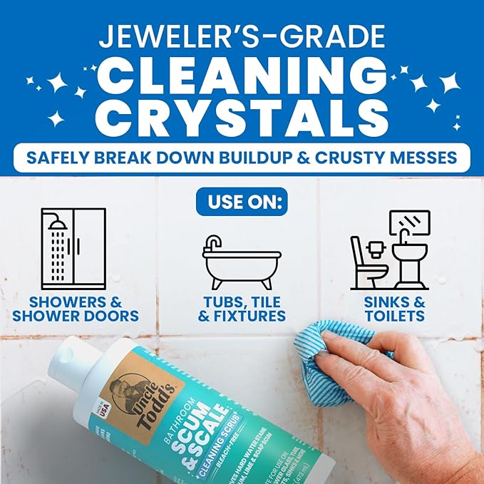 Uncle Todd's 16 oz Heavy Duty Hard Water Stain Remover & Soap Scum Remover for Shower - All Purpose Bathroom Cleaner Works on Glass Doors, Tiles, Bathtub, Toilet & Sink - Bleach-Free Mint Paste