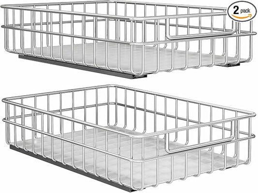 Pull out Cabinet Organizer, Stainless Steel 2-Pack (13.8"W x 21"D) Full-Extension Slide out Drawer, Adhesive Roll out Can Spice Storage Basket Shelf Rack for Pantry, Kitchen, Bathroom, Home Closet