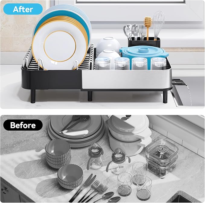 Urackify Dish Drying Rack - Dish Drainer for Kitchen Counter, Stainless Steel Dish Rack with Swivel Draining Spout & Drain Board, Expandable Space-Saving Kitchen Dish Organizer for 3-4 People, Black