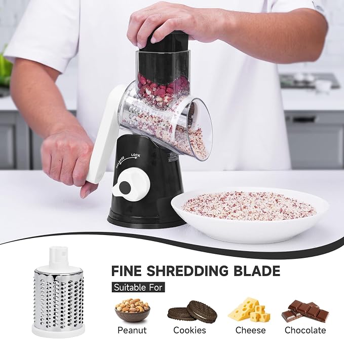Rotary Cheese Grater with Handle, Kitchen Mandoline Vegetable Slicer with 3 Interchangeable Blades & Strong Suction Base, Easy to Clean Grater for Vegetables, Fruit, Nuts, Black