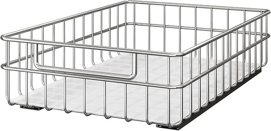 Pull out Cabinet Organizer, Stainless Steel 1-Pack (9.8"W x 16.5"D) Full-Extension Slide out Drawer, Adhesive Roll out Can Spice Storage Basket Shelf Rack for Pantry, Kitchen, Bathroom, Home Closet