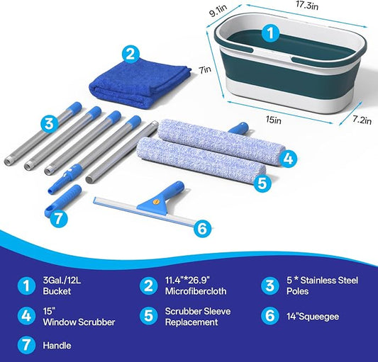 Professional Window Glass Cleaning Kit with 14" Window Squeegee & 15" Scrubber, 3 Gallon Collapsible Bucket, 76 Inch Spliced Pole Complete Glass Washing Tools for Indoor Outdoor Home Car Cleaning