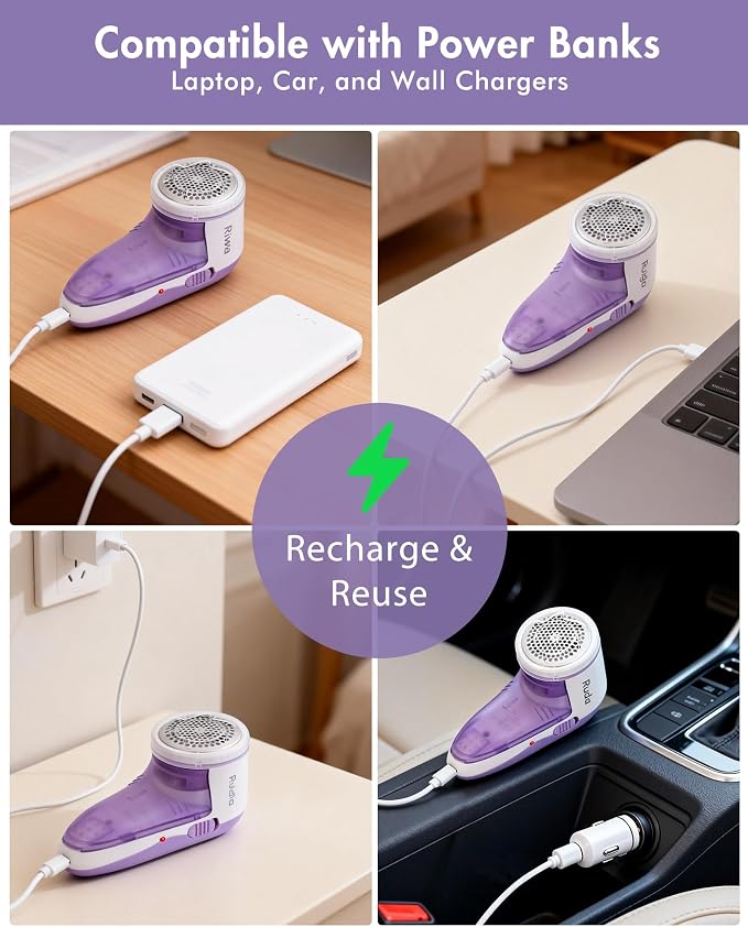 Ruidla Fabric Shaver Lint Shaver Defuzzer, Rechargeable Lint Remover | Electric Sweater Shaver with Replaceable Stainless Steel 3-Leaf Blades,Dual Protection,Removable Bin Easy Remove Fuzz(Purple)