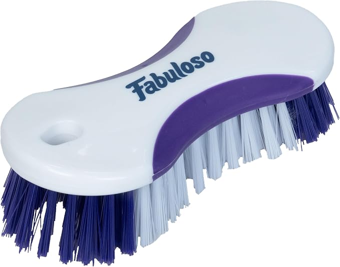 Fabuloso Cleaning Brush, Compact Hand Scrub Brush with Easy Grip Rubber Texture for Kitchen, Bathroom, Tile, Baseboards and Floors, Firm Bristles for Indoor Surface Cleaning, White & Purple, 6 Inch