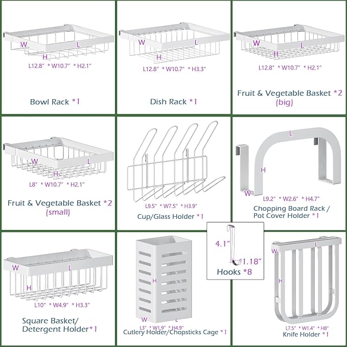 PUSDON Over Sink Dish Drying Rack Stainless Steel, Adjustable Large Dish Drainer for Storage Kitchen Organization White 3 Tier - Standard(34"-46")