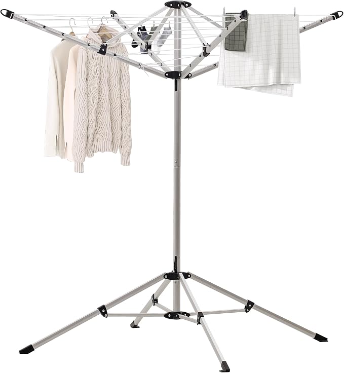CROS Indoor Outdoor 4-Arm Umbrella Clothes Drying Rack, 65 FT Rotary Laundry Airer with 28 Vinyl Lines, Freestanding Tripod Base, Rust-Resistant Aluminum Dryer for Home, Yard & Balcony