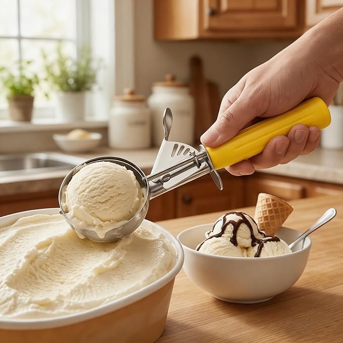 TOPKITCHEN Commercial-Grade Ice Cream Scoop 1.63 oz, 18/8 Stainless Steel Cookie Scoop with Plastic Handle, Portion Control Disher Scoop for Bakeries, Restaurants & Dessert Shops, #20, Yellow