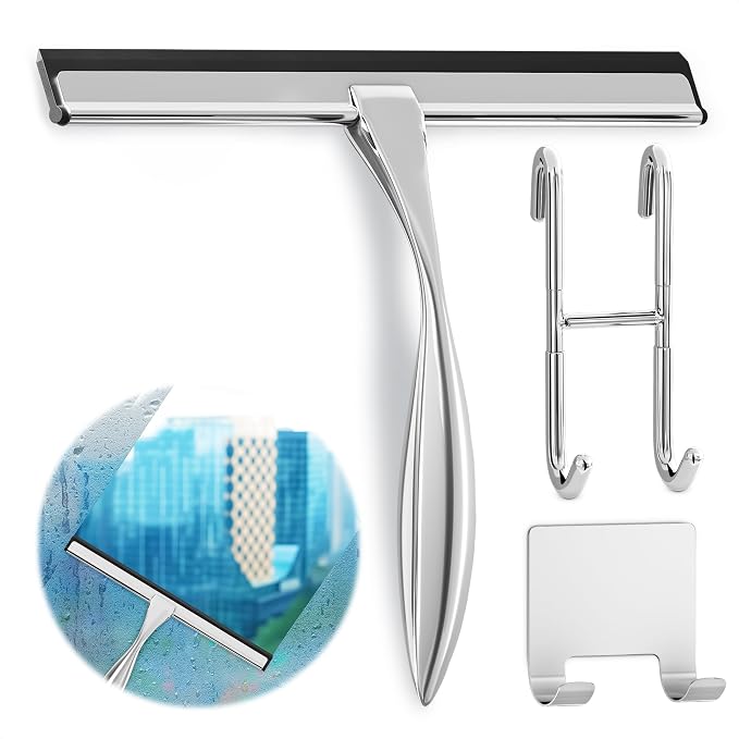 10" Silver Shower Door Squeegee - Stainless Steel Shower Squeegee for Streak-Free Bathroom Glass with Silicone Blade, Adhesive & Hanging Hooks for Mirror, Tile, Window, Car, Multi-Surface Everyday Use