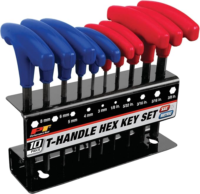 Performance Tool W80277 10-Piece SAE and Metric T-Handle Hex Key Set | Long arm Allen wrench set. High visibility PVC handles. Heat treated alloy steel. Includes wall mount storage tray