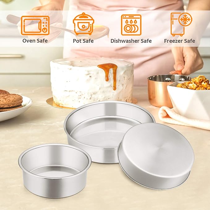 E-far Cake Pan Set of 3 (4 inch/6 inch/8 inch), Stainless Steel Small Round Layer Cake Baking Pans, Perfect for Tier Smash Cake, Non-Toxic & Healthy, Mirror Finish & Dishwasher Safe