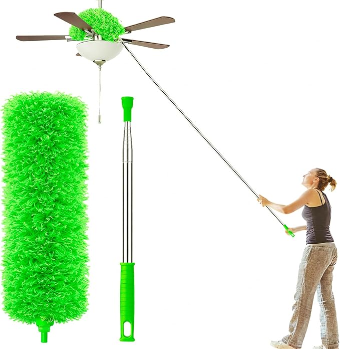 AZUN Microfiber Duster for Ceiling Fans, 30-100 in Telescoping Pole, Green | Microfiber traps dust. Long duster for high ceilings. Cleans ceiling fans, blinds and cobwebs. Washable and reusable.
