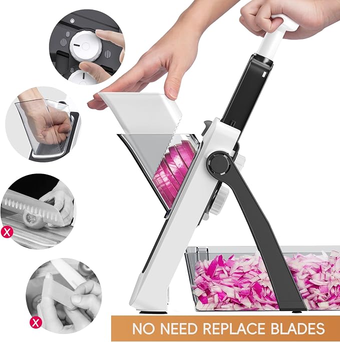 Vegetable Slicer for Kitchen, Safe Mandoline Slicer, Adjustable Veggie Potato French Fry Cutter, Wider Tray & Stainless Steel Grater & Filter Basket & Lid & Cleaning Brush (Gray Pro)