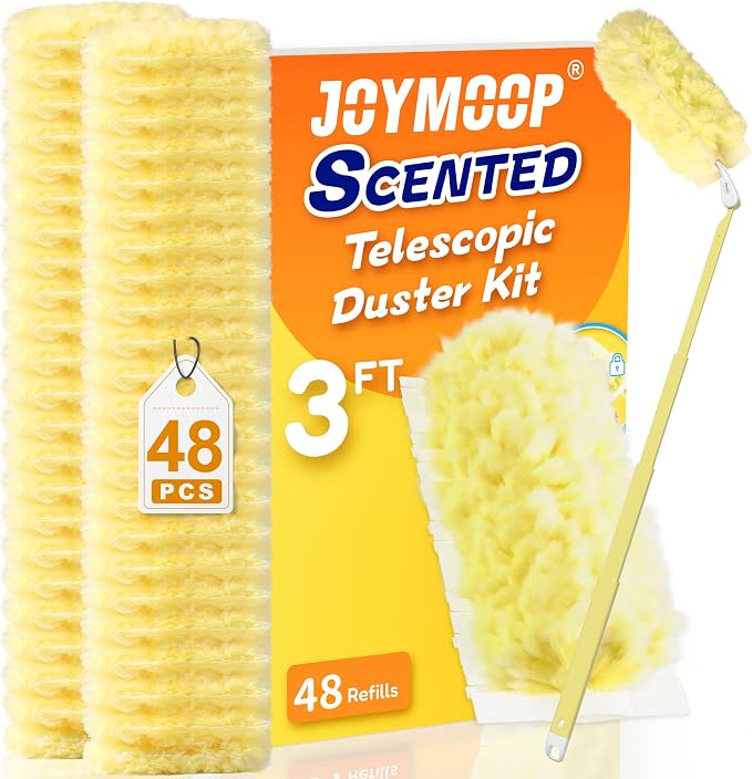 JOYMOOP Scented Telescopic Duster kit, 3FT Extendable Handle (Yellow) + 48 Yellow Refills for Swiffer Feather Duster,Easy Cleaning for Ceilings, Ceiling Fans, Blinds, Vents & Shelves