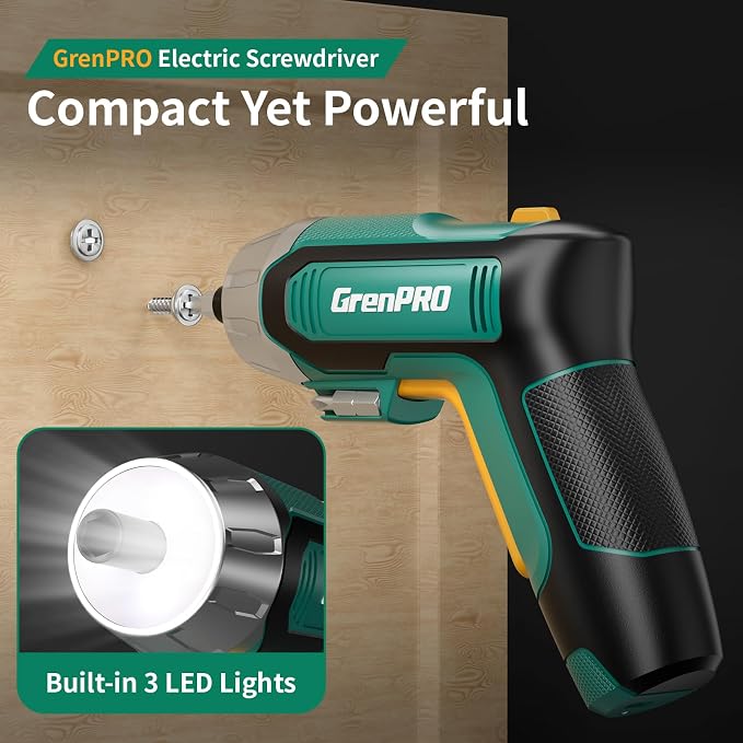 GRENPRO 4V Electric Screwdriver Rechargeable 10pcs, Cordless Screwdriver | USB Small Power Screwdriver Set with Bits, Green, Ideal for Home Repairs