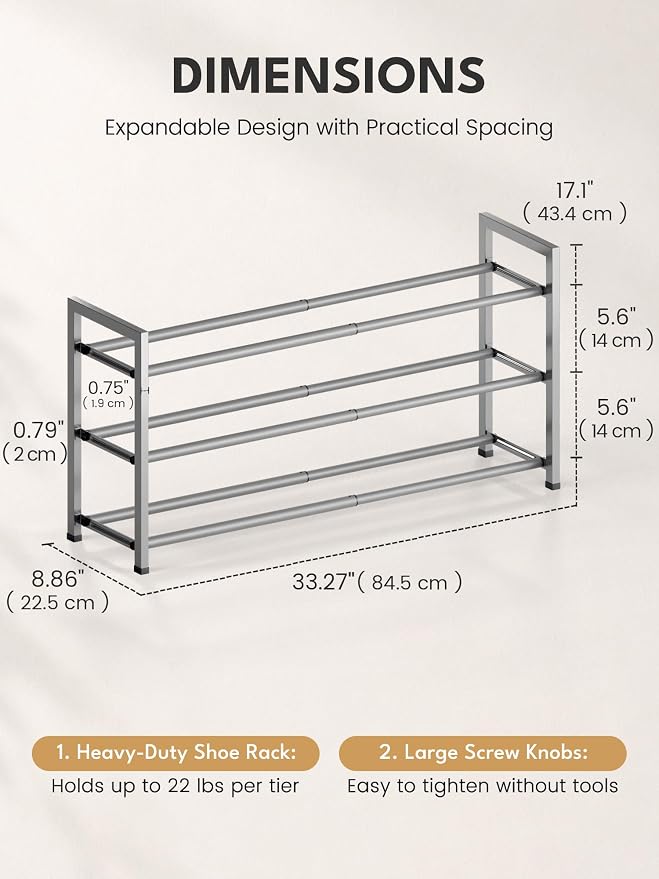 Bumusty 3-Tier Expandable Shoe Rack for Closet, 18“-33” Adjustable Shoe Rack for Small Space, Small Shoe Organizer for Front Door, Sturdy Metal, Light Grey