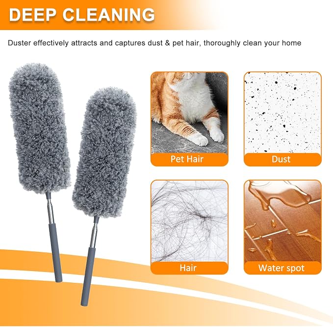 2 Pack Mini Microfiber Feather Duster for Cleaning, with Extendable Pole, Hand Washable Dusters, Cleaning Tools for Office, Car, Window, Furniture