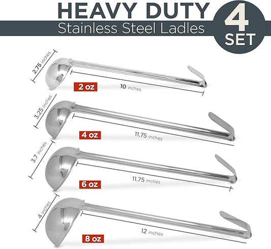 Fit Meal Prep Stainless Steel Soup Ladle One-Piece Sauce Spatula with Hook Handles, Commercial Grade Serving Spoon, Kitchen Tool for Restaurant or Home Cooking [Pack of 4] - 2oz, 4oz, 6oz, 8oz
