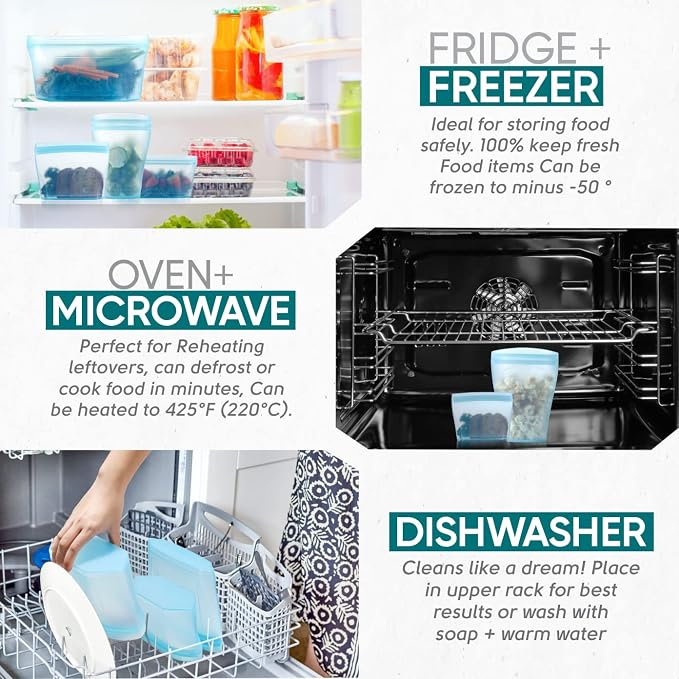Reusable food container silicone bag, Full Set 6, 2 Cups, 2 Dishes, 2 Bags Zip Containers Storage, 100% Silicone Reusable Food Bag, Stand Up Preservation Bag, Rounded interior for easy cleaning.