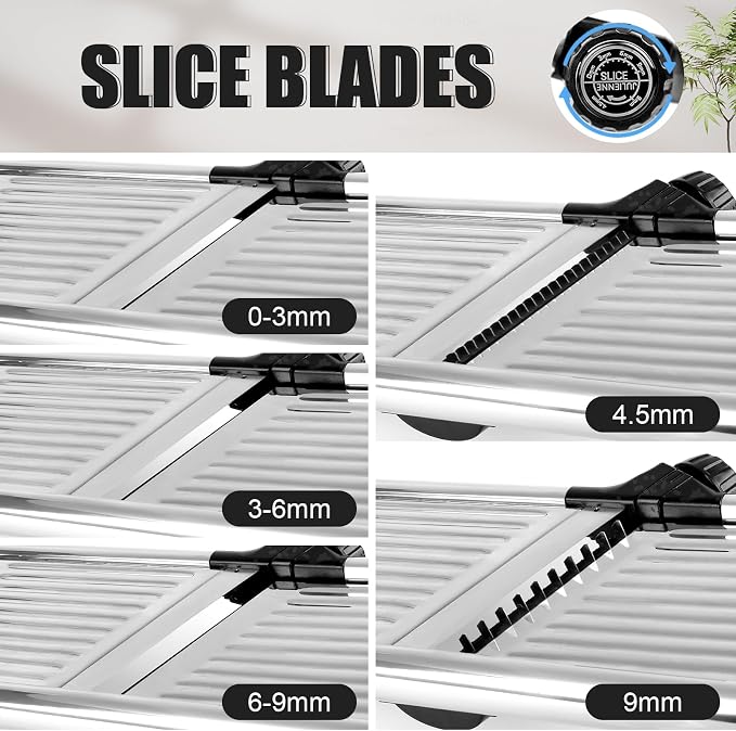 Mandoline Slicer for Kitchen, Adjustable Vegetable Slicer - Stainless Steel | Adjustable stainless steel blade slices potato, onion and tomato evenly; food holder and gloves help make kitchen prep safer.