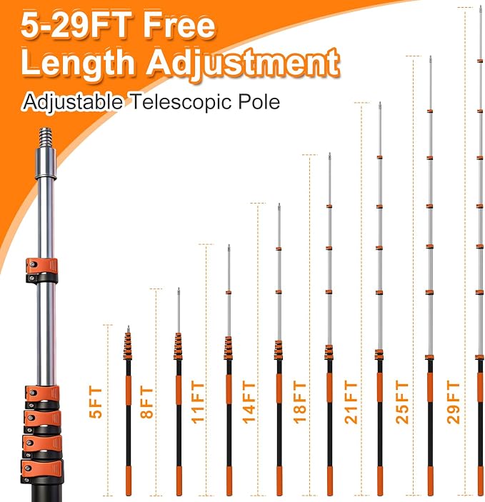 35FT High Reach Duster Kits with 5-29FT Extension Pole, Cobweb Duster with Telescoping Pole, Washable Ceiling Fan Cleaner & Window Squeegee for Glass Surfaces & High Roof