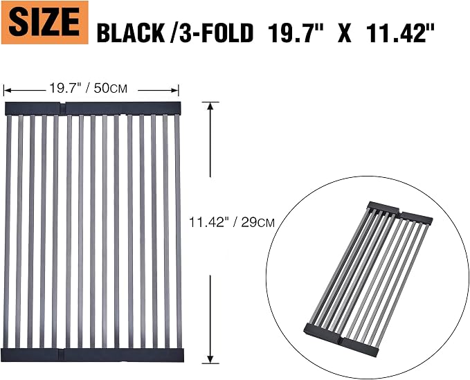 Foldable Over Sink Dish Drying Rack, 304 Stainless Steel Kitchen Drain Rack for Tableware, Detachable Silicone Edge, Rectangular Tubing, Black,3 Fold 19.7" x 11.42"
