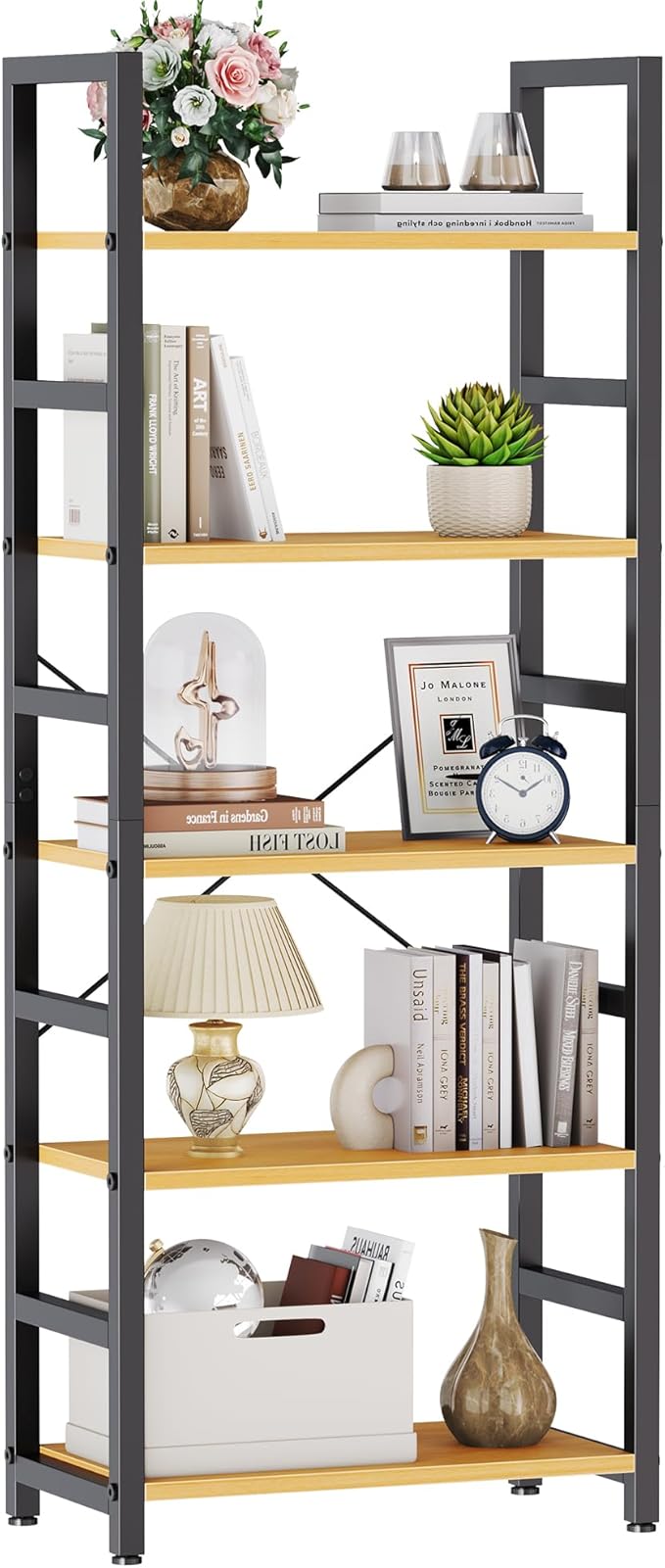 DUMOS 5-Tier Bookshelf, Modern Tall Bookcase Book Shelf | Open Storage Display Shelf for Living Room, Bedroom, Home Office, Narrow Standing Shelving Unit for Books, CDs, Décor Wood