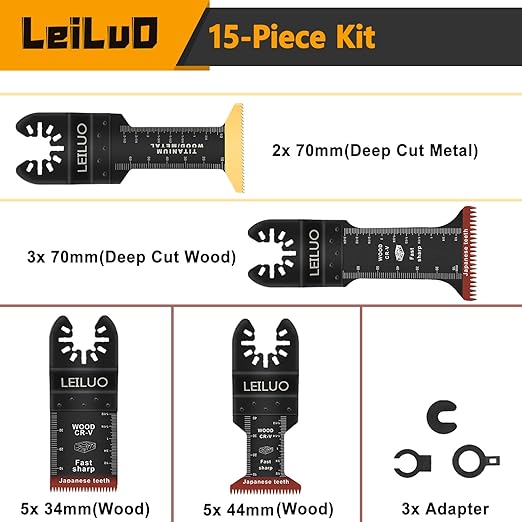 15 Pcs Oscillating Tool Blades Set Japanese Tooth & 70mm Extra Long Titanium Multitool Blades Fast Cut Oscillating Saw Blade for Wood & Metal Compatible with DeWalt Makita Milwaukee and More