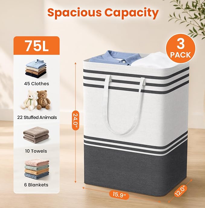TranquilRelax 3-Pack Laundry Basket, Laundry Hamper, Grey-75L | Freestanding＆Water-Resistant Laundry Hamper, Collapsible Tall Clothes Hamper with Carry Handles for Clothes, Laundry Basket