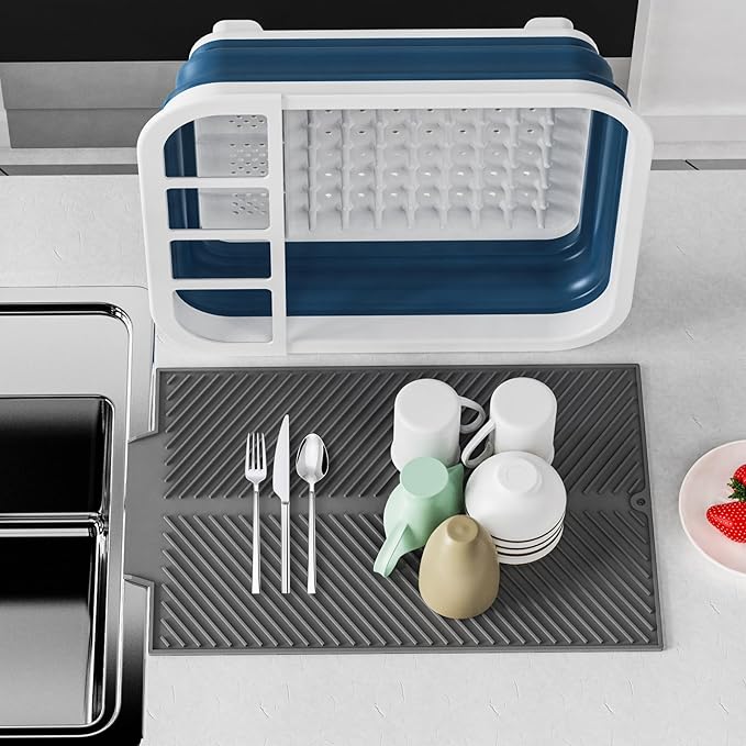 Dish Rack,Drying Rack Kitchen, Dish Racks for Kitchen Counter, Collapsible Dish Drying Rack—Suitable for Kitchens, motorhomes, Yachts, Campers - Blue-White (with Silicone Drain Pad)