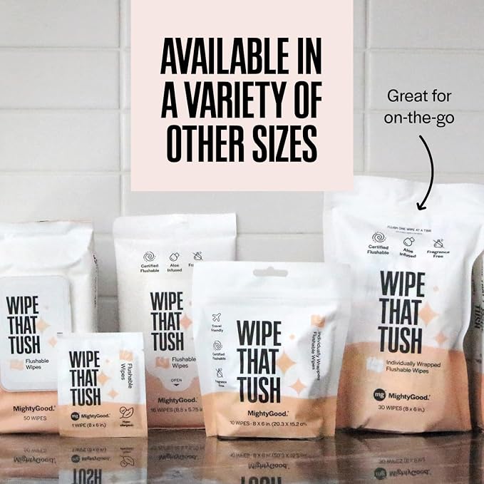 Wipe That Tush On-The-Go Flushable Wipes Bulk Pack - 12 Packs of 10 Individually Wrapped Travel Wipes, 120 Total - Fragrance Free - Hypoallergenic With Aloe & Vitamin E - Septic Safe