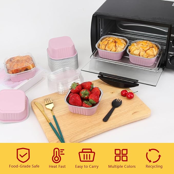 LNYZQUS Mini Cake Pans with Lids and Spoons,10oz Disposable Small Foil Baking Tins,40 Pack Individual Cake Containers for Home Bakers Bake Sales-Pink,4x4 Square