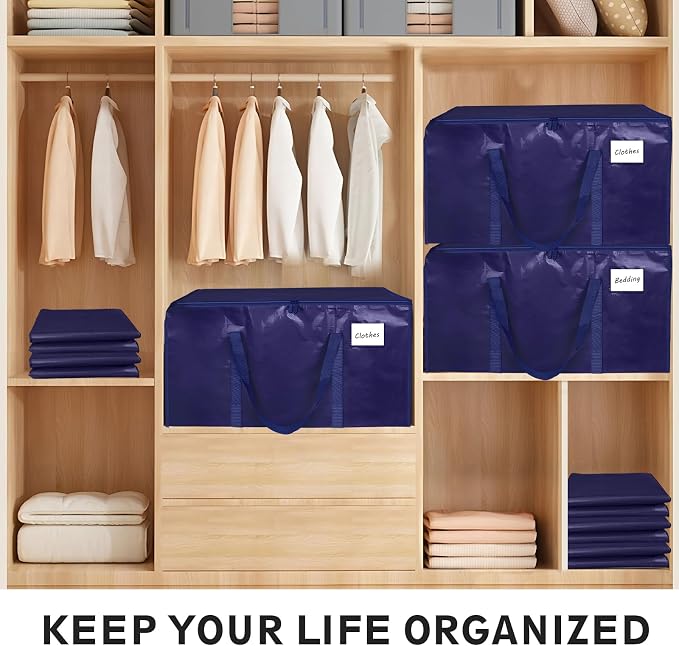 6 Pack-Extra Large Heavy Duty Moving Bags - Waterproof Storage Totes with Handles & Zippers, Foldable for College Dorm, Storage (Dark Blue)