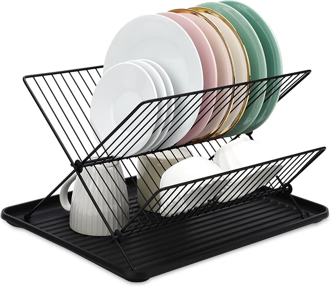 RV Foldable Dish Drying Rack, 2-Tier with Drip Tray, Stainless Steel Collapsible Rack for Sink & Kitchen Countertop, Space-Saving Dish Drainer Organizer for Dishes, Bowls, Plates, Cups