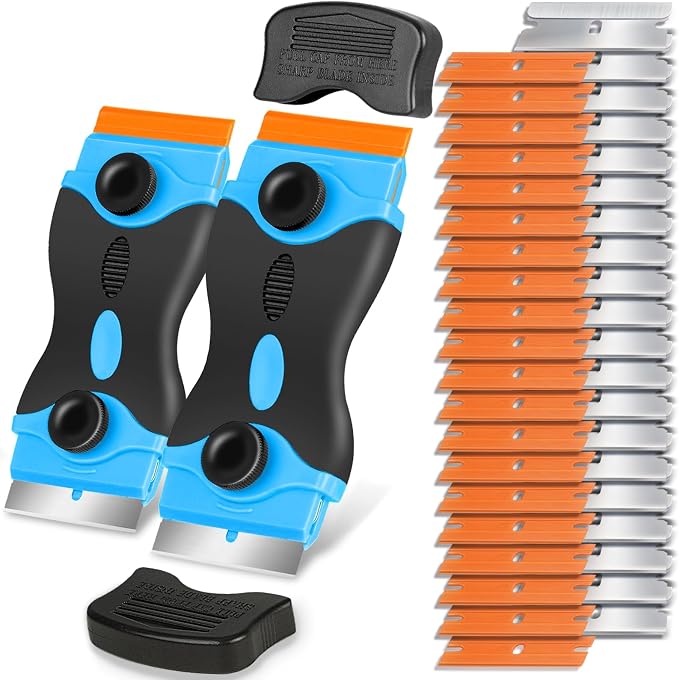 Razor Blade Scraper Tool - Razor Scraper with 40 Metal & Plastic Blades | Scrapper for Cleaning Paint, Decal, Adhesive, Label & Caulk, Glass Scraper for Window, Cooktop, Oven & Stove Top(Blue)