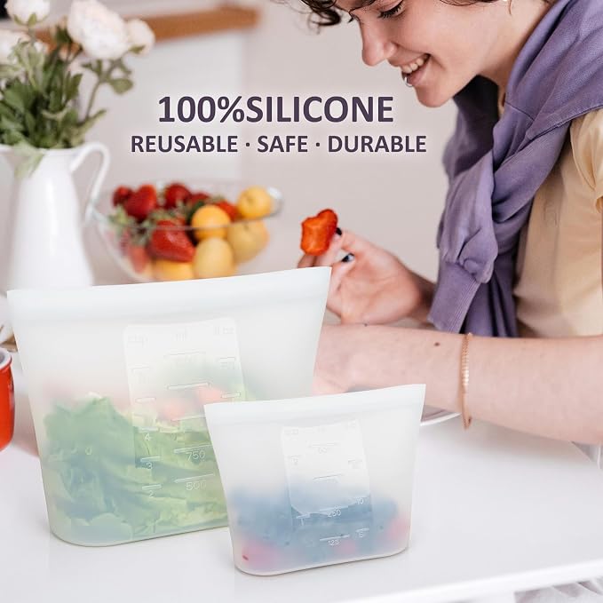 8-Pack Reusable Silicone Food Storage Bags, 100% Silicone Stand-Up Wide-Open Zip-Lock Reusable Storage Bags for Food, Freezer Microwave Oven Dishwasher Safe, Translucent, 2XL(0.8 Gallon) 2M 2S 2XS